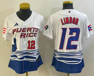Women%27s Puerto Rico Baseball #12 Francisco Lindor Number 2023 White World Classic Stitched Jerseys